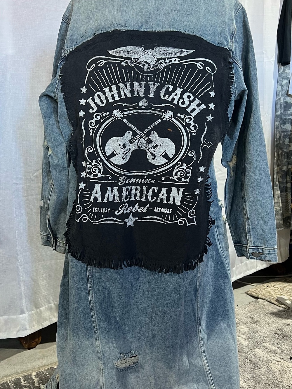 Johnny Cash Graphic Back Panel Light Blue Denim Jean Jacket